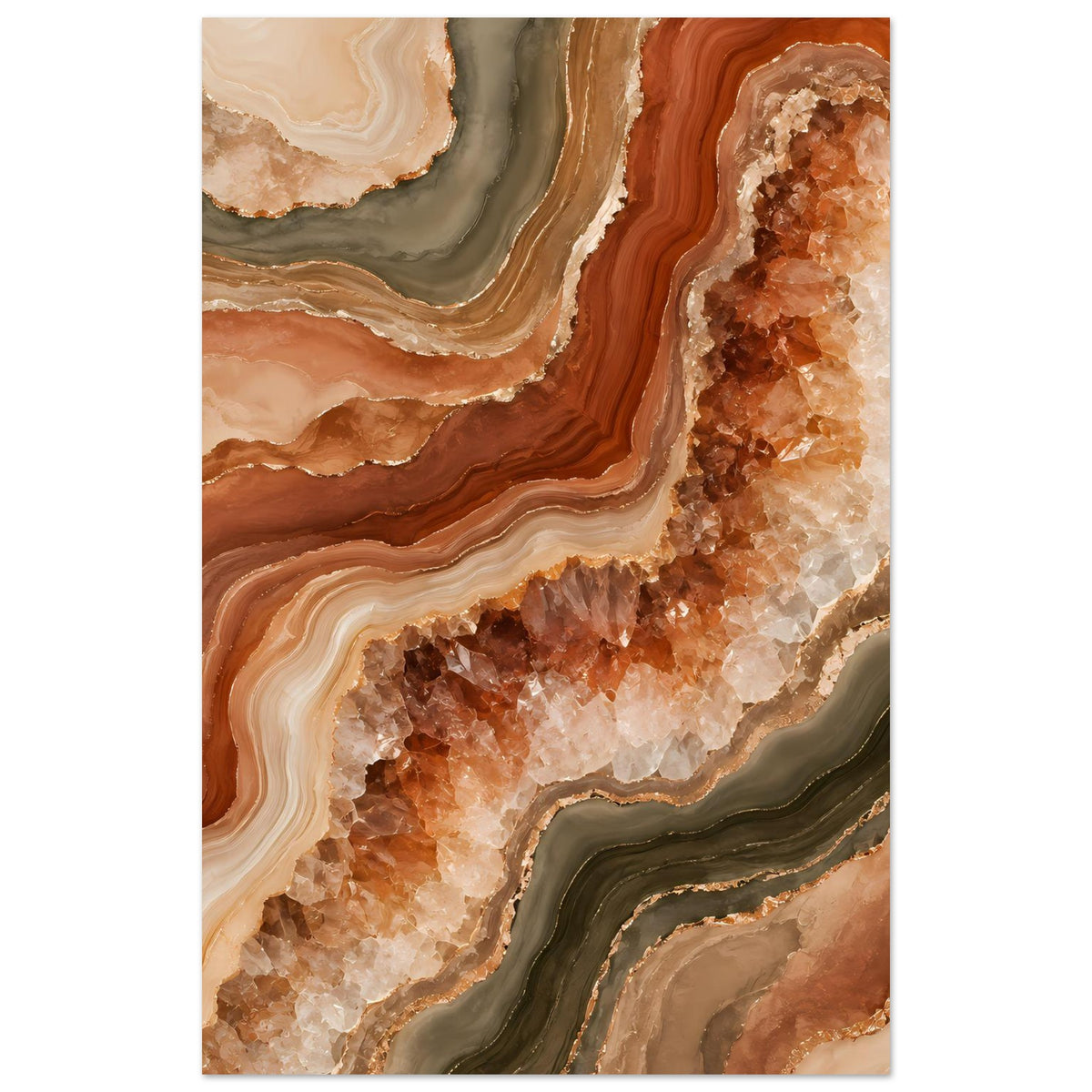 Geoden-Poster (hochkant): braun-beige Schichten mit goldenen Kristallspitzen und dunklen Adern