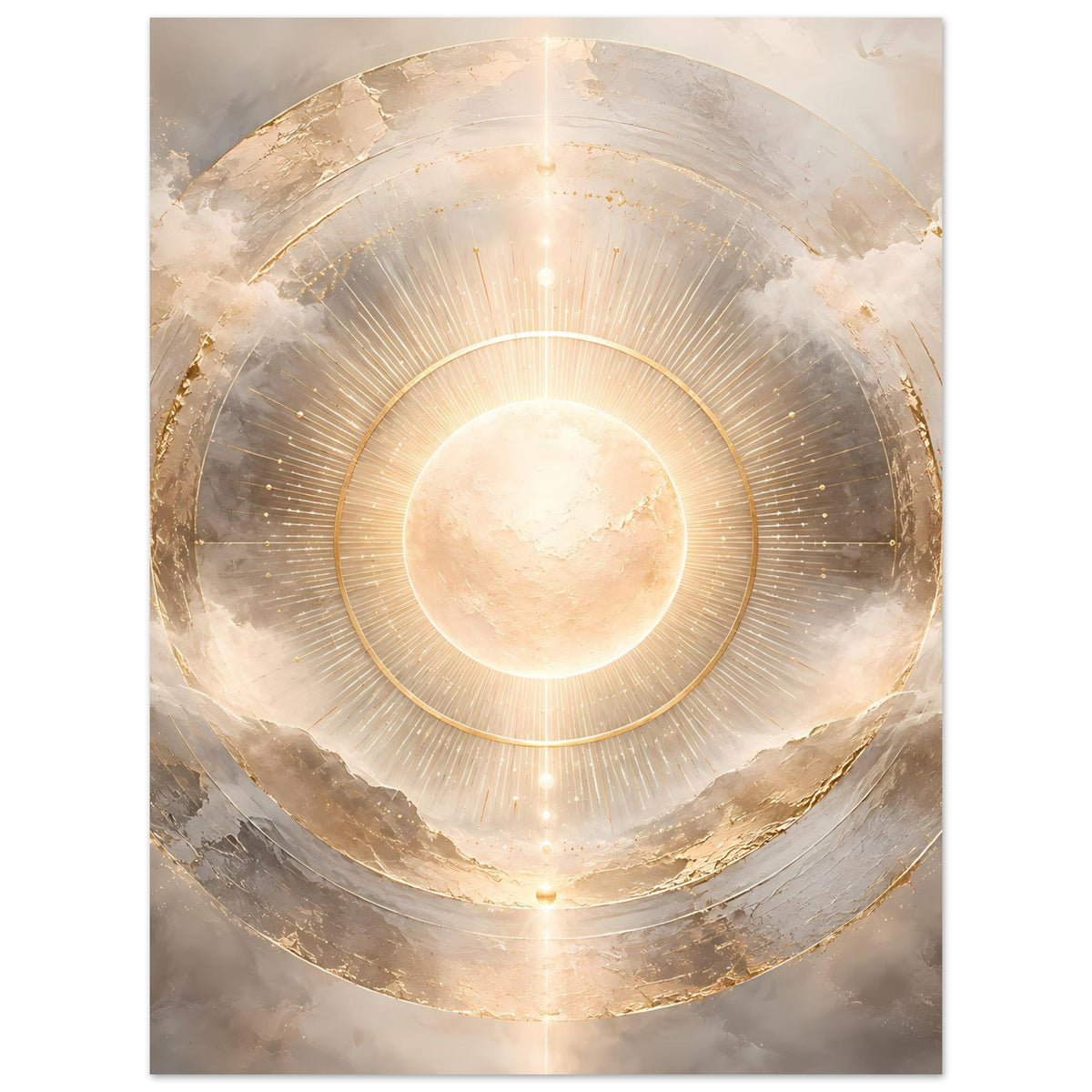 Wandposter: helle Sonne mit goldenen Ringen, feine Lichtstrahlen im abstrakten Kreis