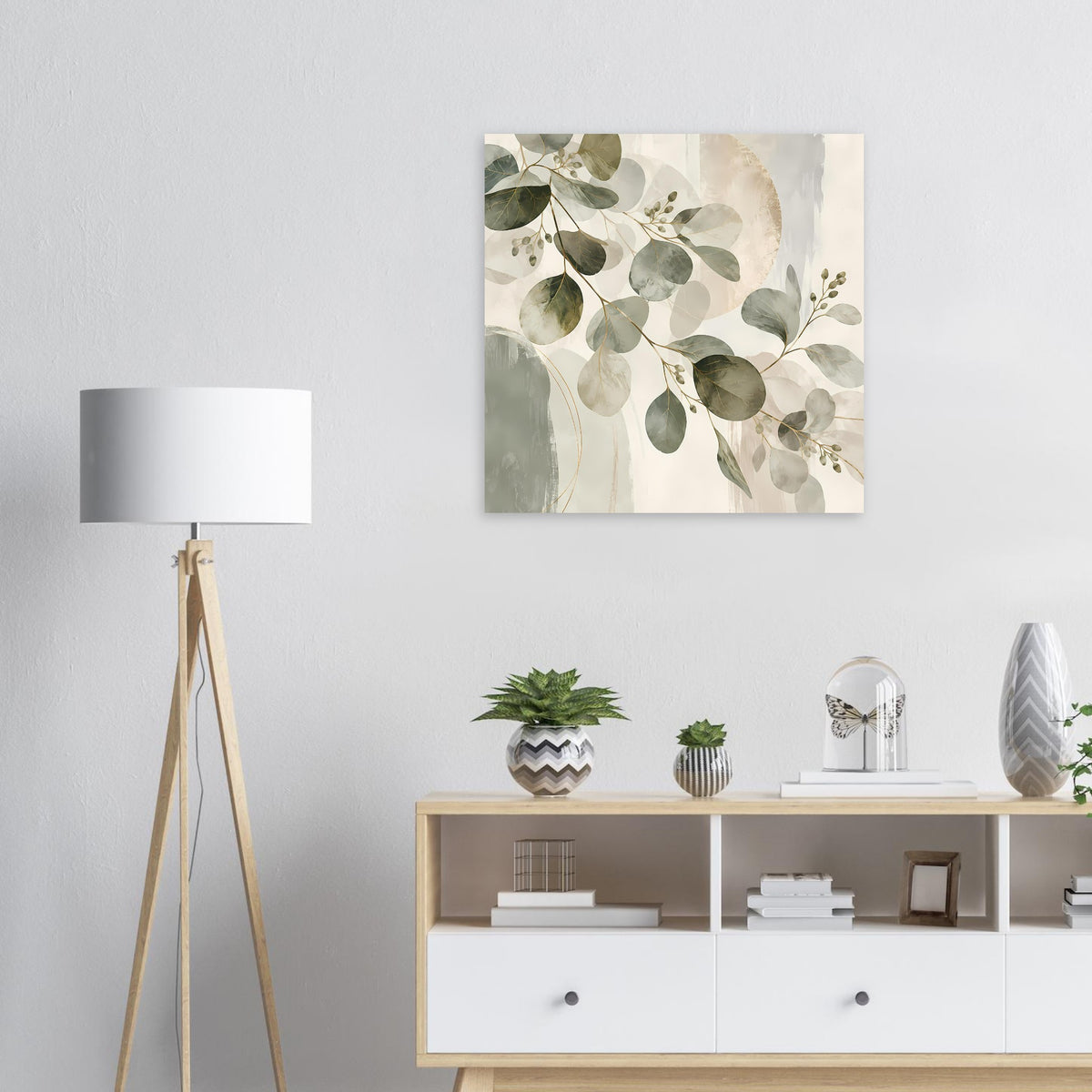 Quadratisches botanisches Kunstposter mit Blättern in Grün- und Erdtönen