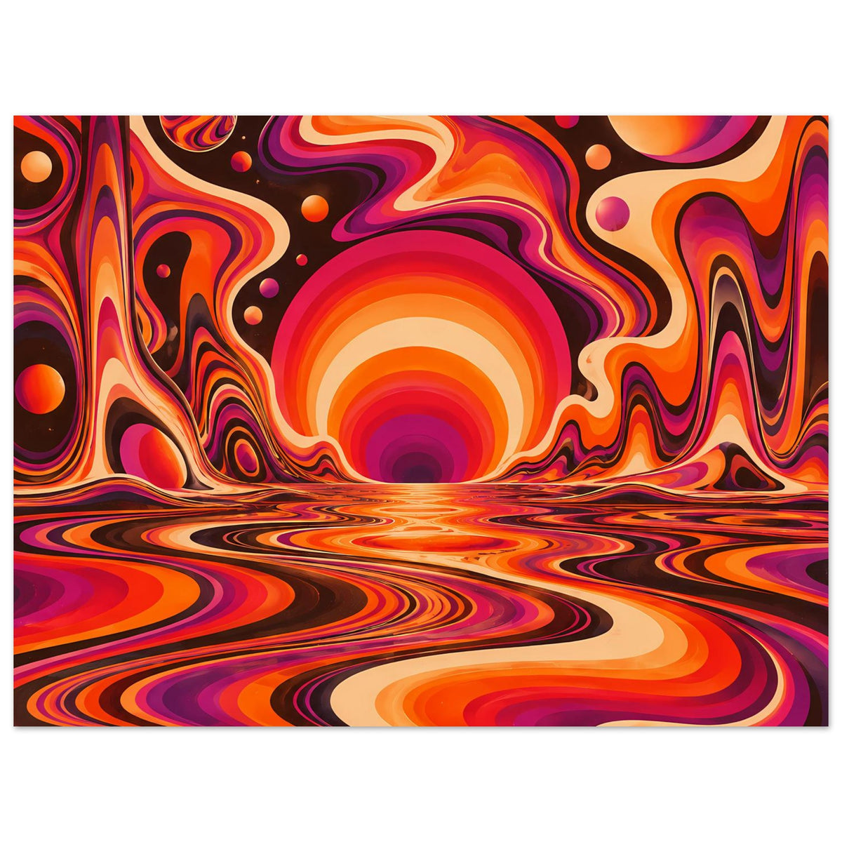 Horizontales Poster: orange und violette Strömungswellen mit runder Sonnenform im Zentrum