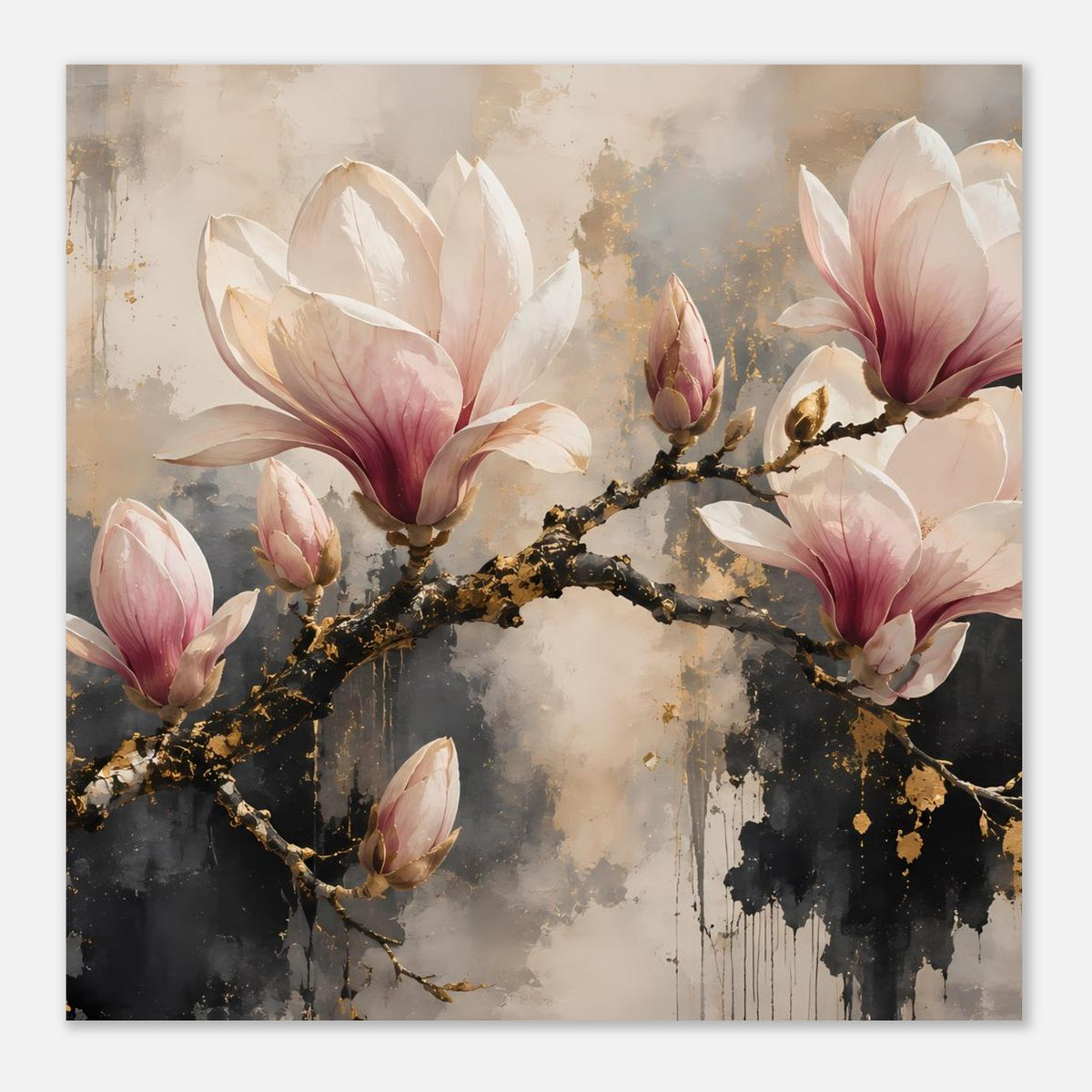Quadratisches Magnolienblüten-Poster mit goldfarbenem Ast und rosa-weißen Blüten