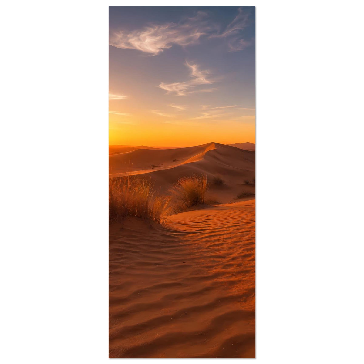 Hochformat-Poster mit Sonnenuntergang über Sanddünen, goldene Sonne und Dünenkämme