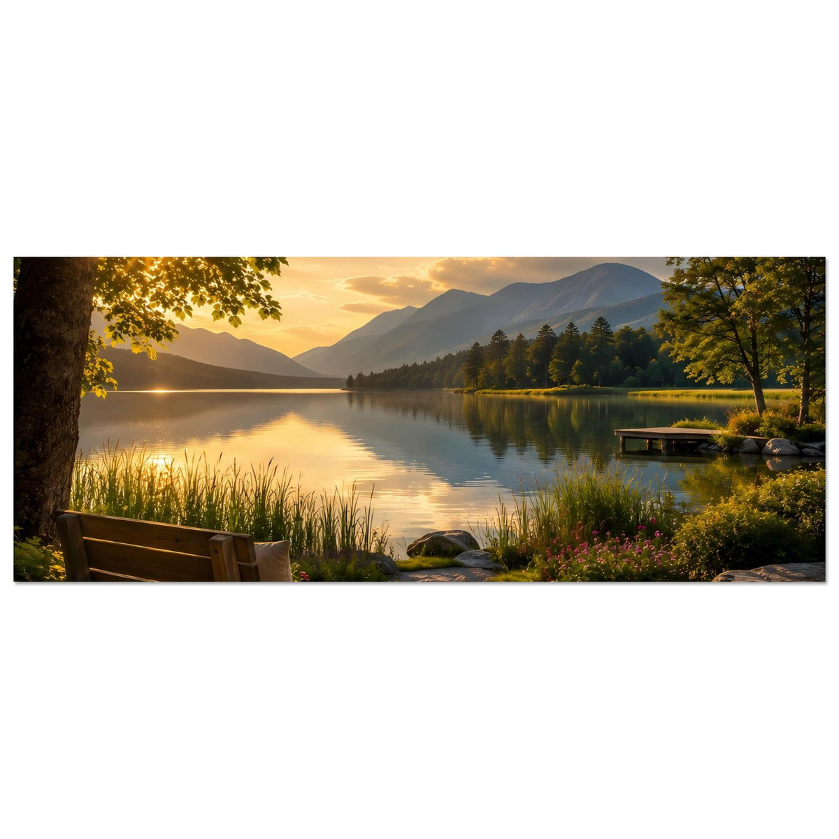 Horizontales Poster: stiller See bei Abendsonne, Holzbank und Laterne am Ufer