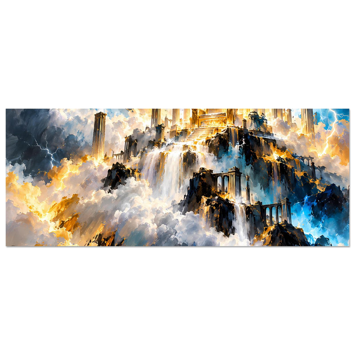 Fantasy-Poster, horizontale Ansicht: Wasserfälle und goldene Säulen im blauen Himmel