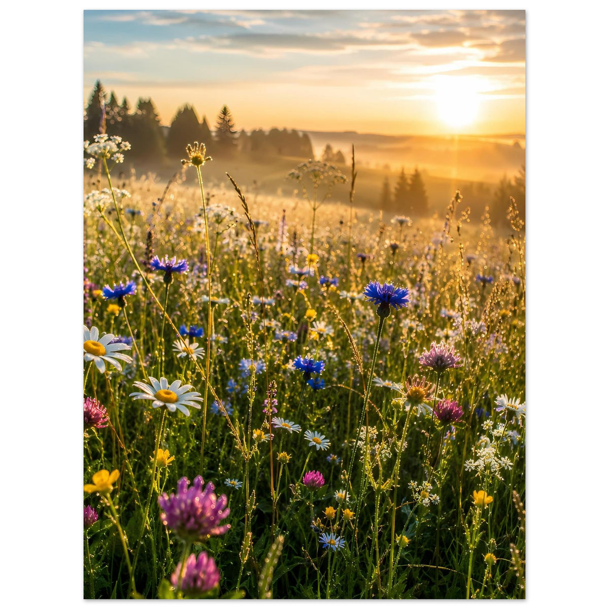 Sonnengeküsstes Wildblumenwiesen-Poster, Hochformat: bunte Wiese mit Sonnenuntergang