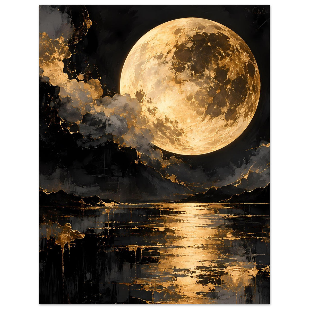 Wandposter mit goldener Vollmondscheibe, Rauchwolkenfelsen und glänzendem Wasserlauf