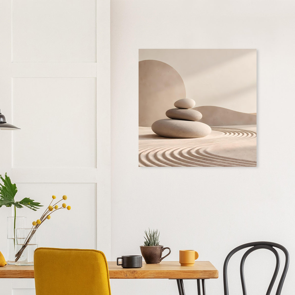 Poster mit minimalistischer Steinszene: ruhiger Stapel und kreisförmige Sandlinien