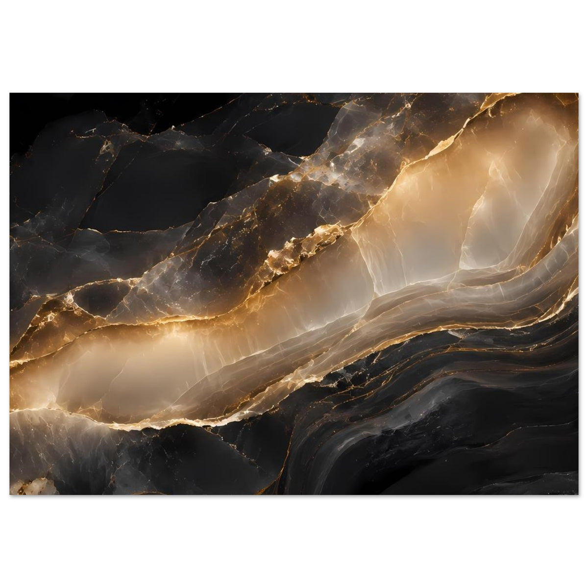 Abstraktes Poster: dunkles Marmormuster mit goldenen Adern und hellen Strukturen, horizontal