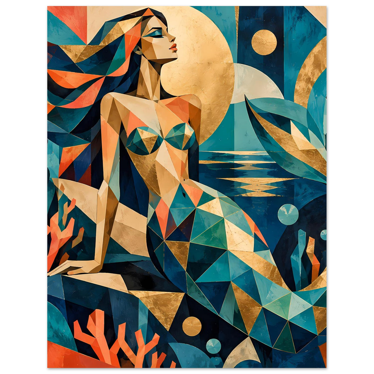 Geometrischer Meerjungfrauen-Kunstposter, Nahansicht der Meerjungfrau in Teal und Koralle