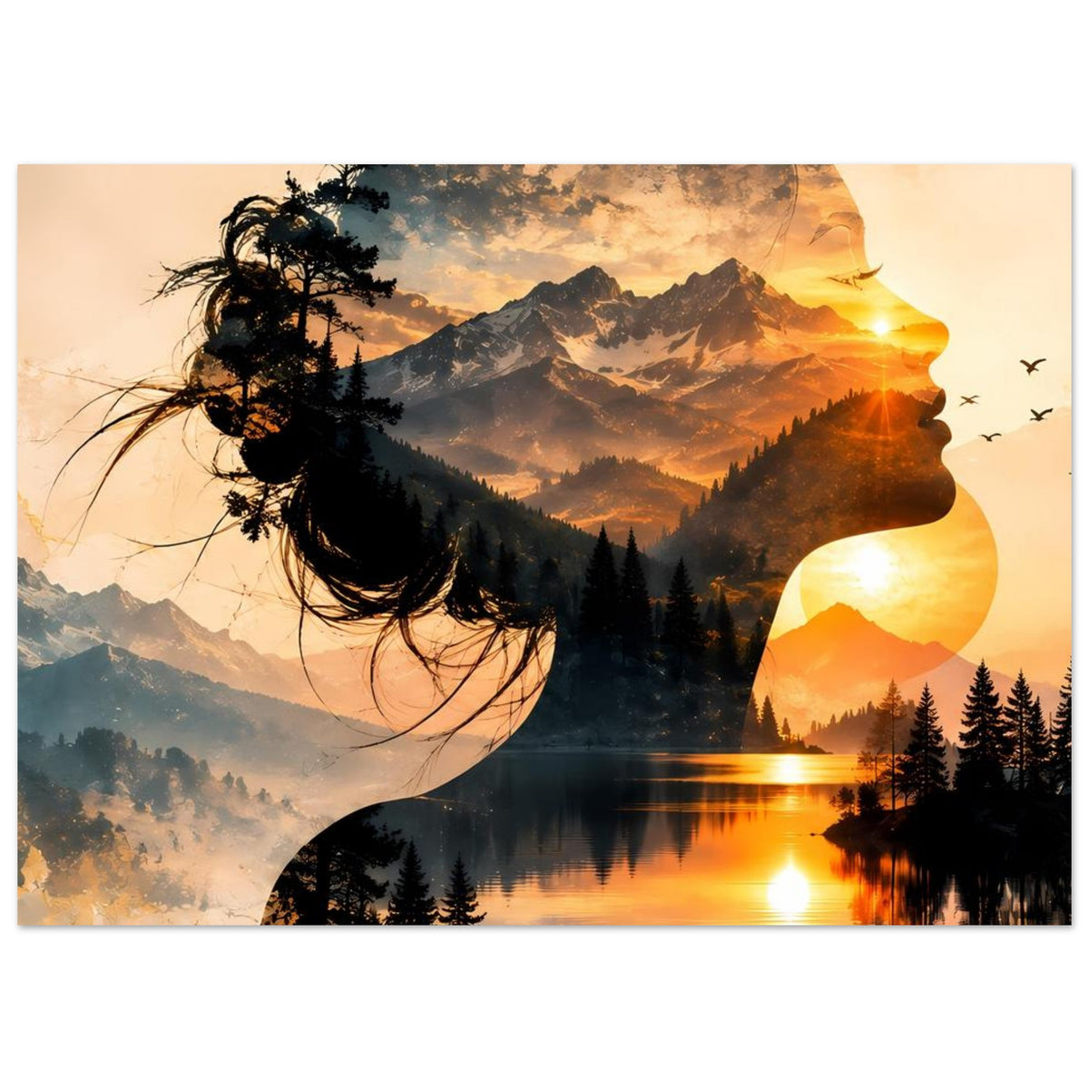 Wandposter im Querformat: Frauenprofil und Bergsee bei Sonnenuntergang, Landschaft überlagert