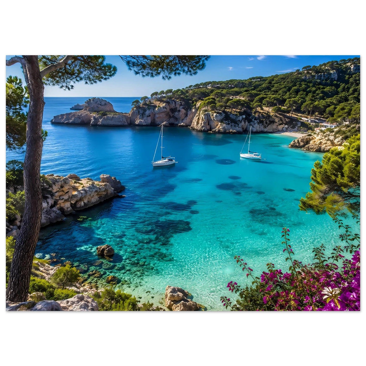 Küstenposter: türkisblaues Wasser, Segelboote vor Felsküste, Pinien und violette Blüten.