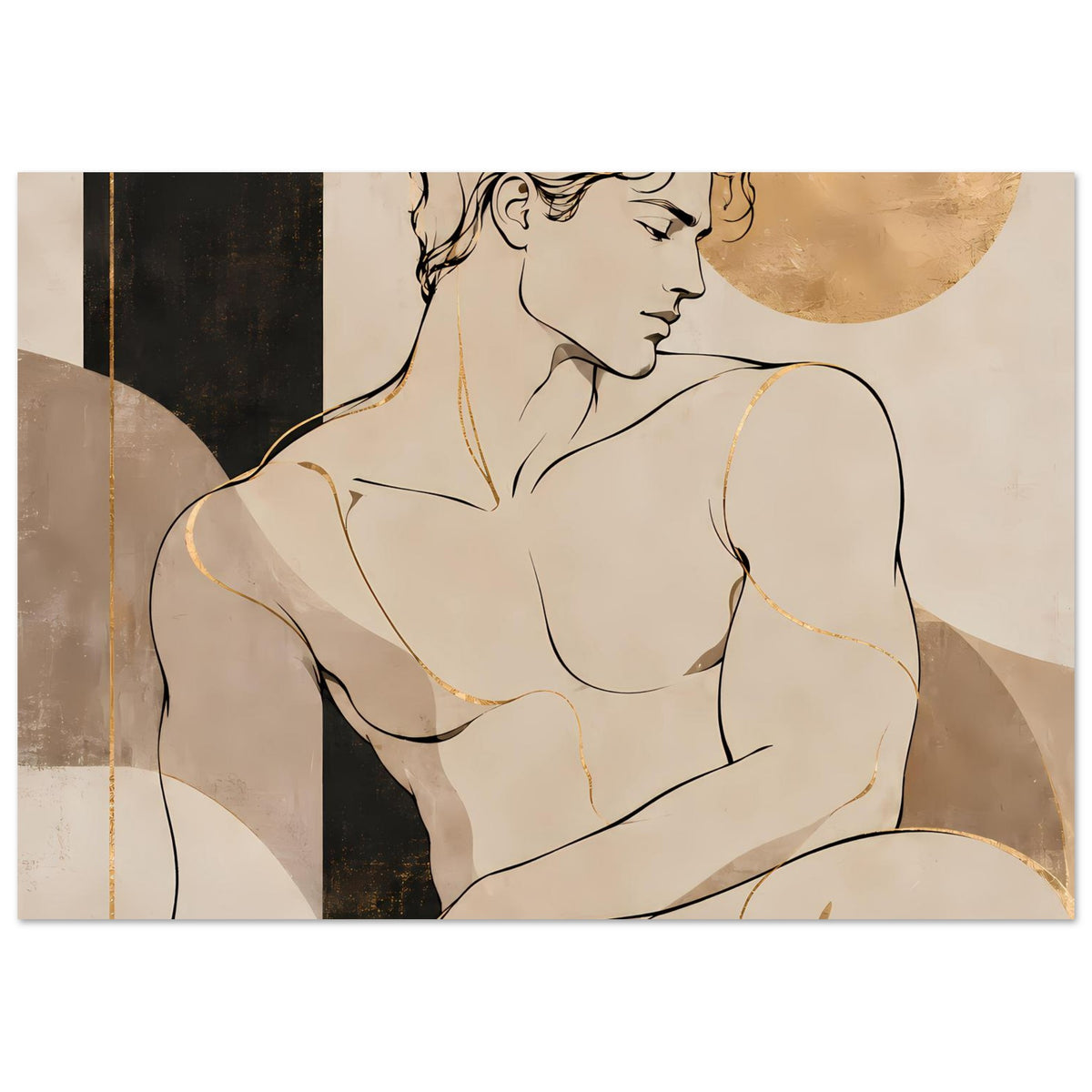 Kunstposter mit Aktfigur in warmem Beige, Goldakzenten und abstrakten Flächen