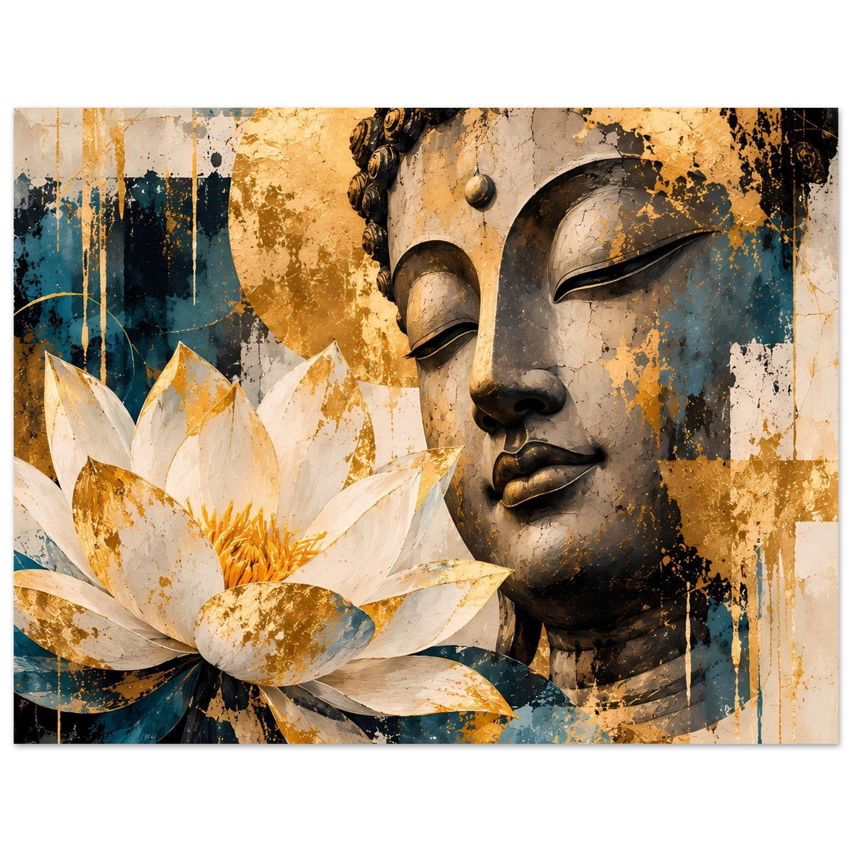Buddha-Poster im Querformat mit Lotusblüte links und Buddha-Gesicht rechts, goldene und blaue Sprenkel