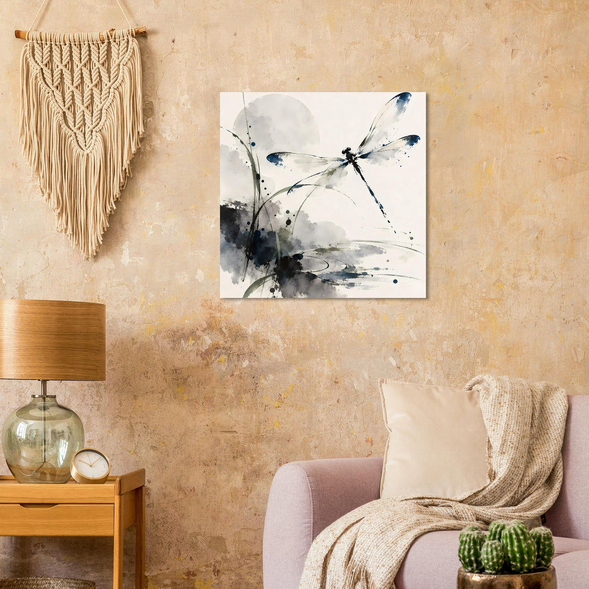 Aquarell-Poster mit Libellenmotiv in Blau und Grau, Farbspritzer, rechteckig