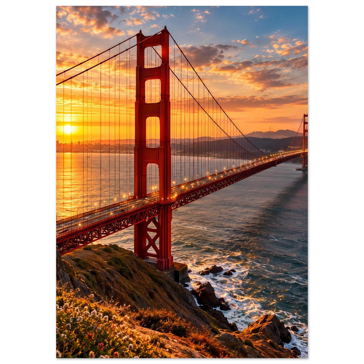 Poster im Hochformat: Golden Gate Bridge, warmes Abendlicht und Wasser