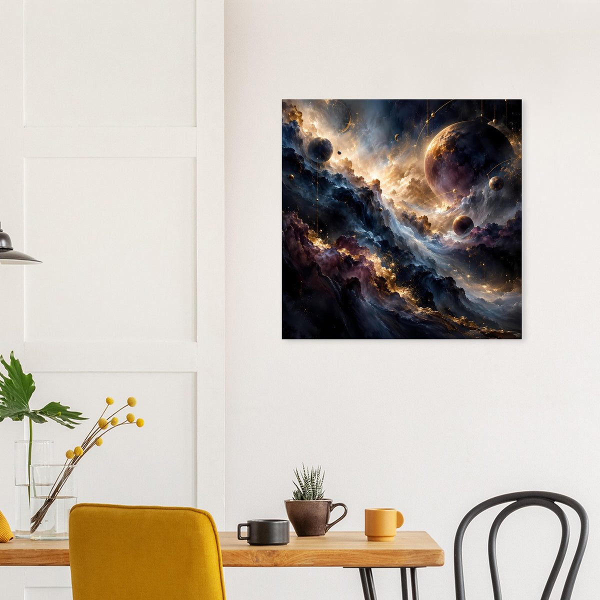Raumfahrt-Kunstposter mit kosmischer Staubspur, Planeten und leuchtender Wolke