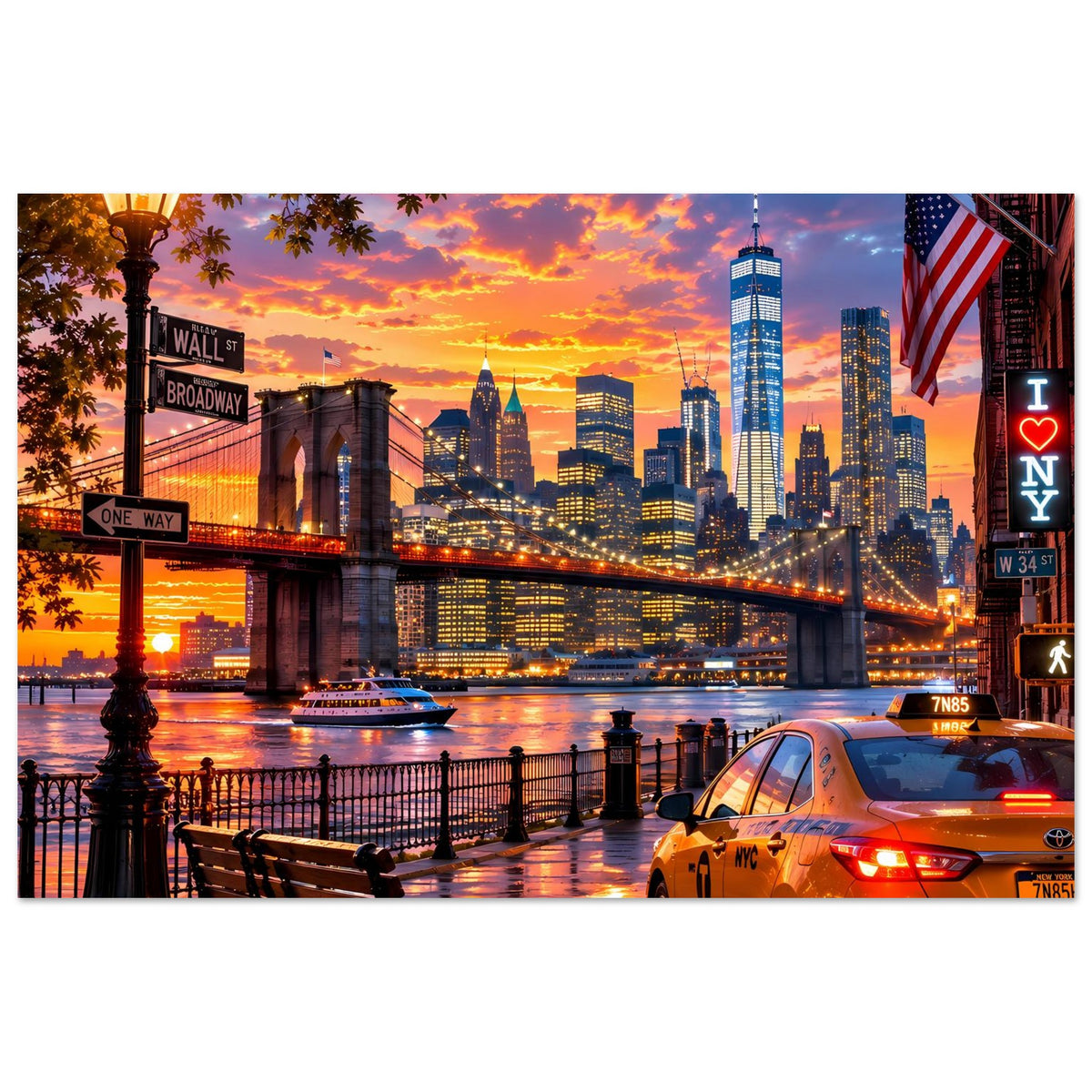 Poster mit New York City Skyline bei Sonnenuntergang, Brücke, Fahnen und gelbes Taxi