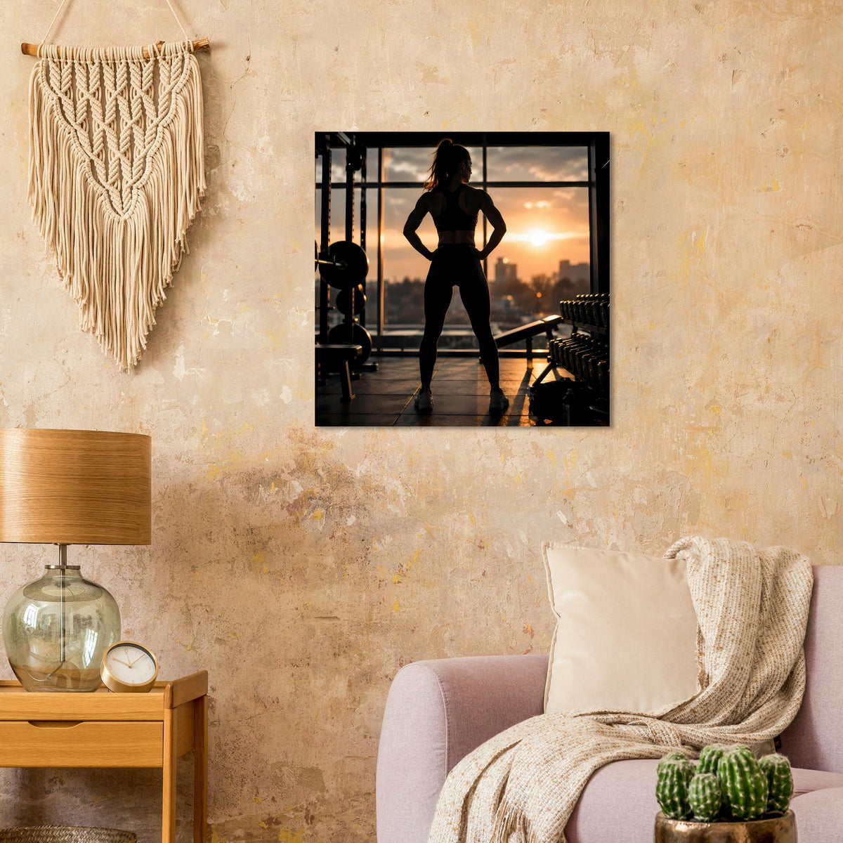 Fitness-Poster im schwarzen Rahmen mit Silhouette einer Frau, Rückenansicht im Sonnenuntergang