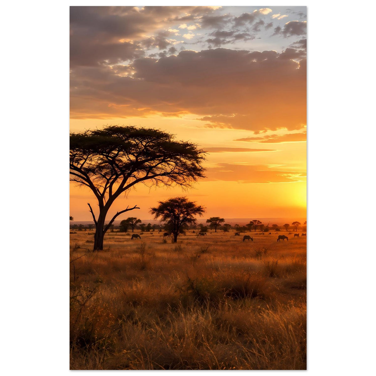 Savannenposter mit Akazienbaum, Grassteppe und Sonnenuntergang über Tierherde