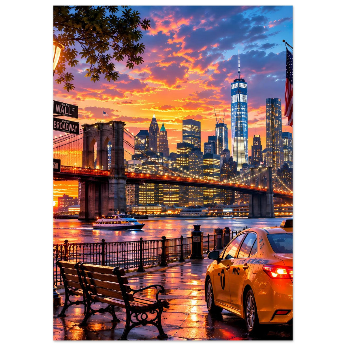 Poster mit New York City Skyline bei Sonnenuntergang, Brücke und gelbes Taxi im Vordergrund