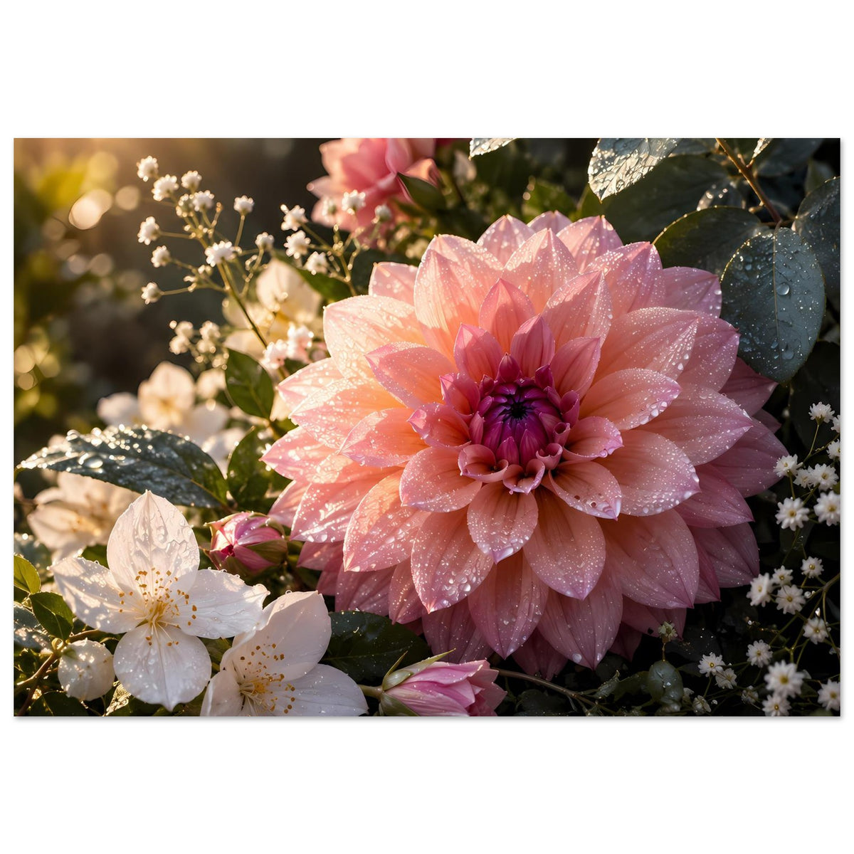 Blumenposter (Querformat) mit rosa Blüte, weißen Blüten und grünen Blättern