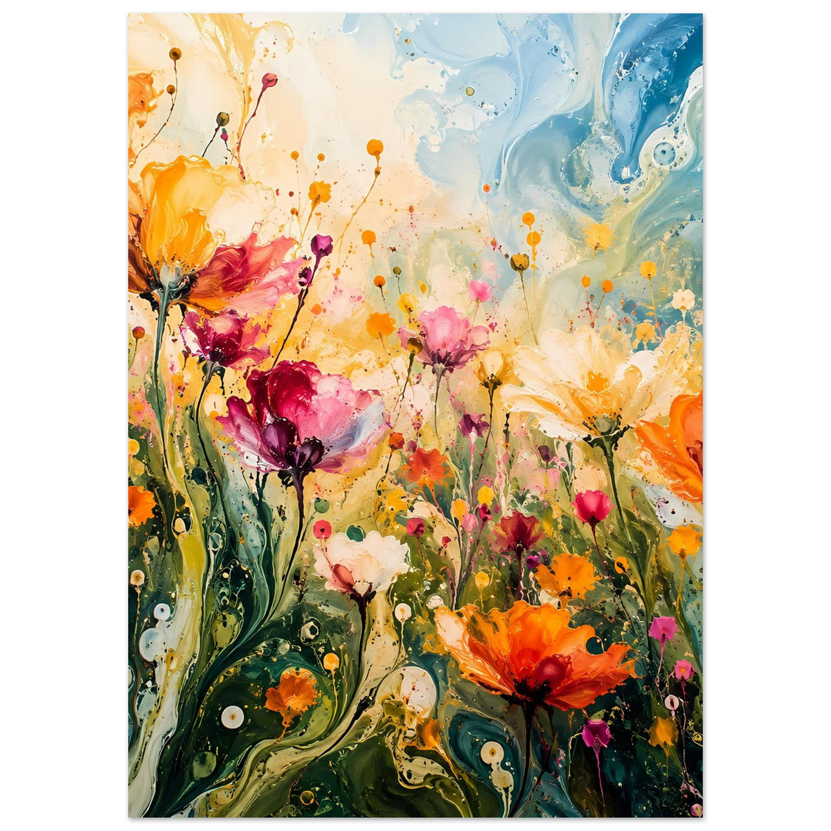 Buntes abstraktes Blumenposter mit orangefarbenen und pinken Blüten, grünen Wellen und Punkten