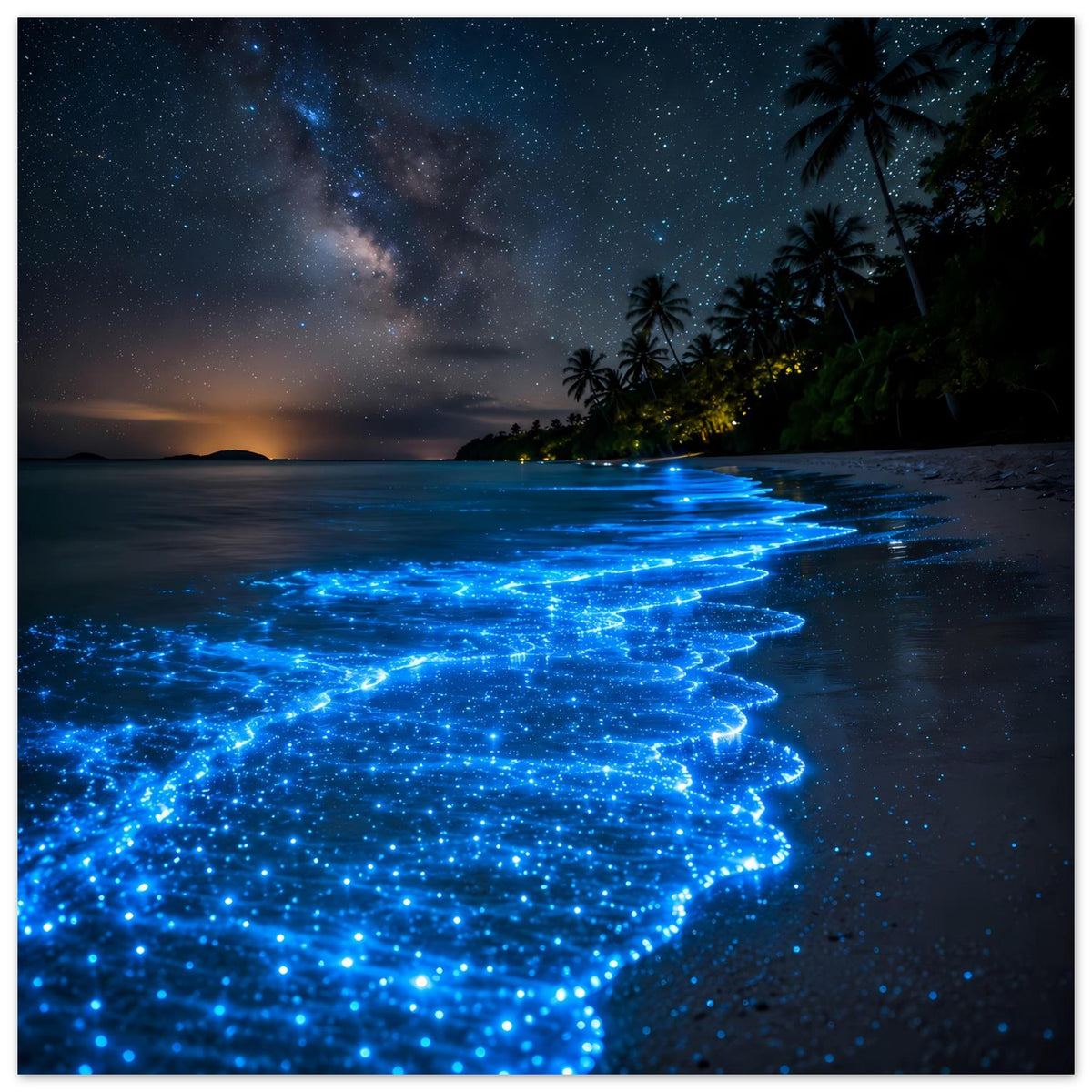 Meeresposter mit leuchtenden blauen Biolumineszenz-Wellen am Strand bei Nacht, Palmen