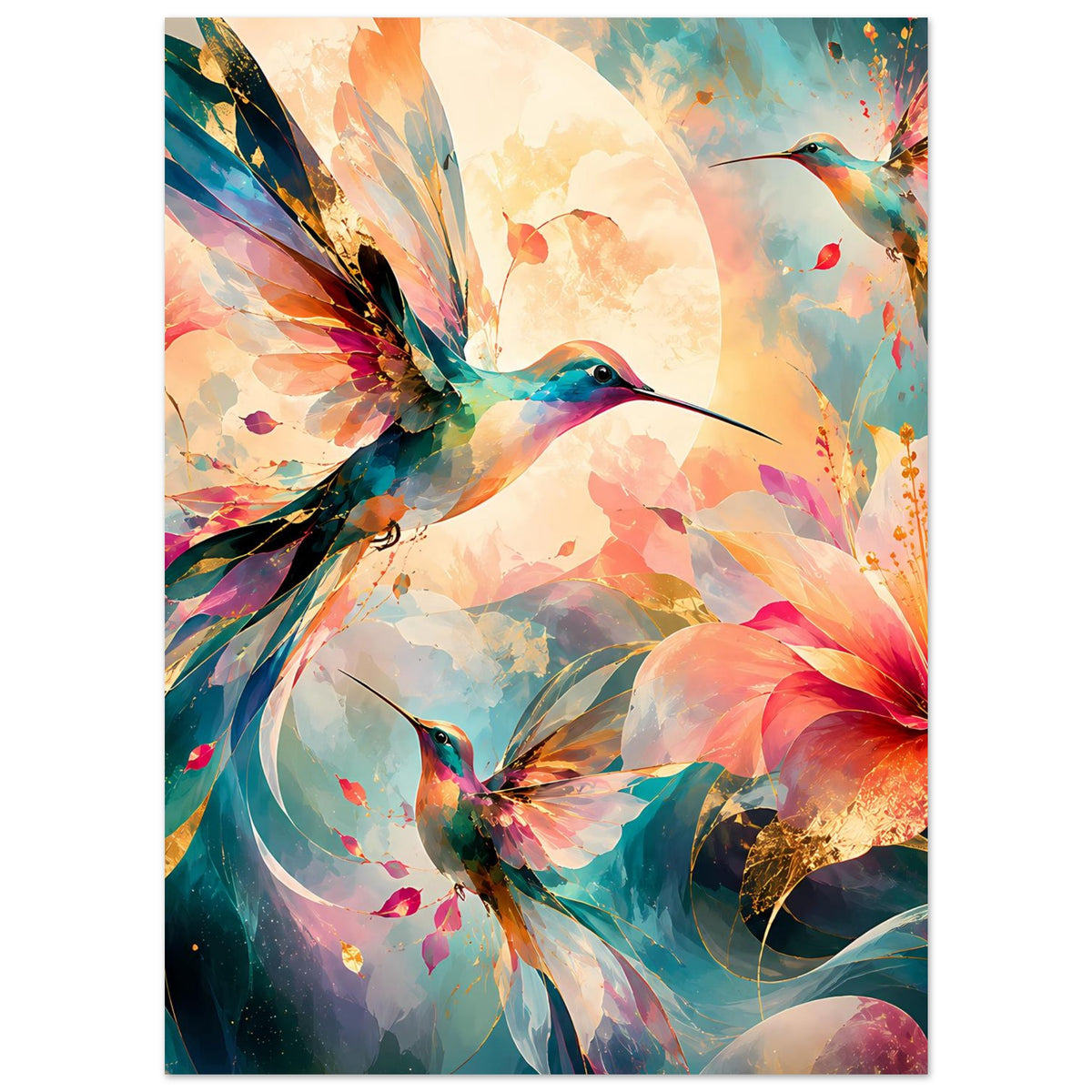 Kunstposter im Hochformat mit Kolibris, großen orange-roten Blüten und schillernden Federn