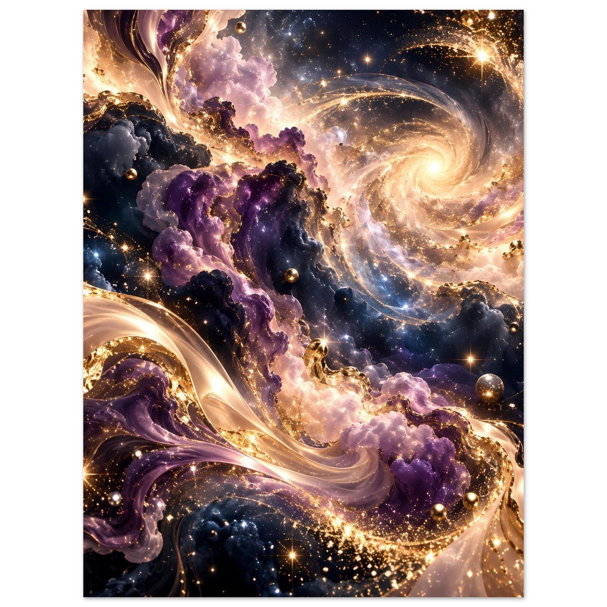 Vertikaler Kunstdruck mit Spiralgalaxie, violetten Nebeln und goldenen Lichtfunken