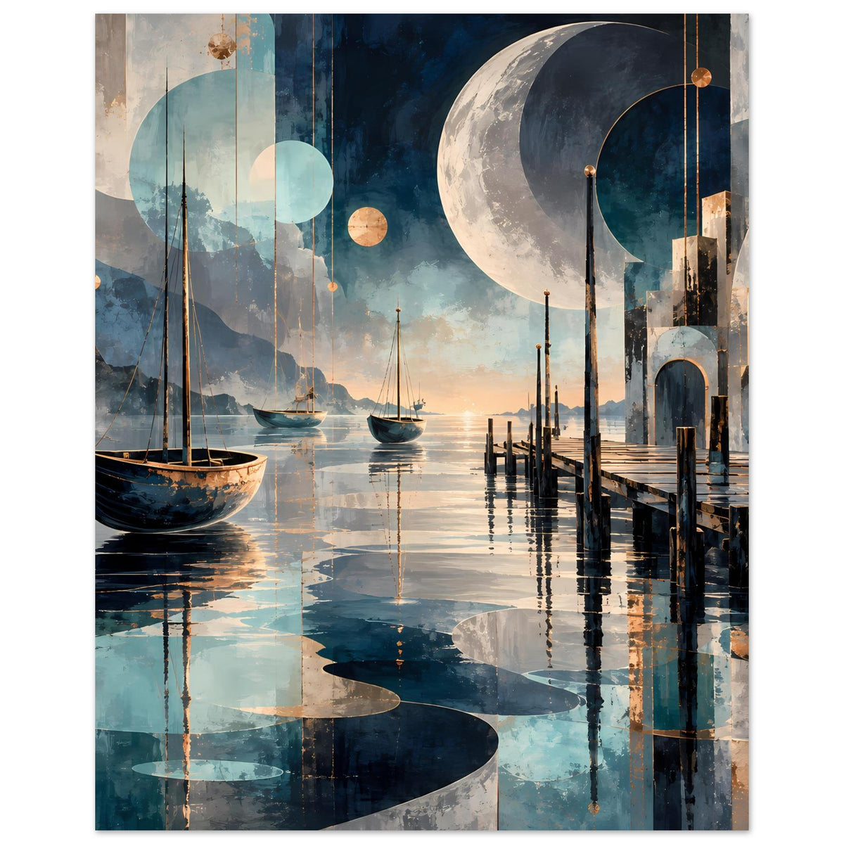 Nachtposter Hafen mit Mondsichel und Segelbooten, Stege und Lichtreflexe im Wasser