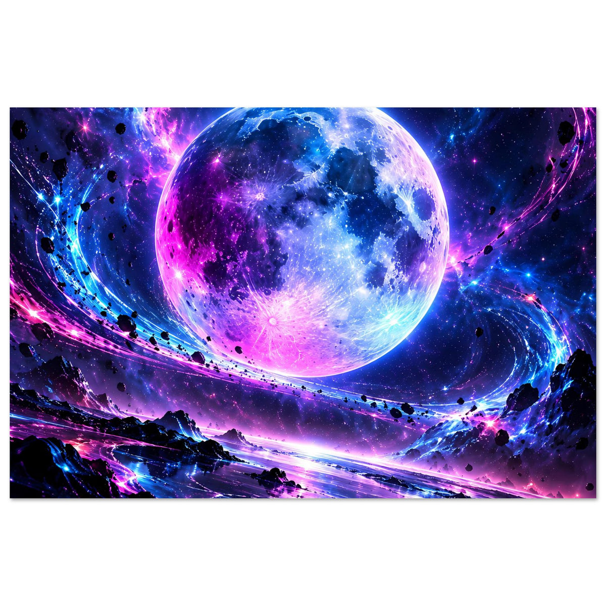 Horizontales Poster mit blauer und violetter Planetkugel, Sternen, Kometen und Trümmern