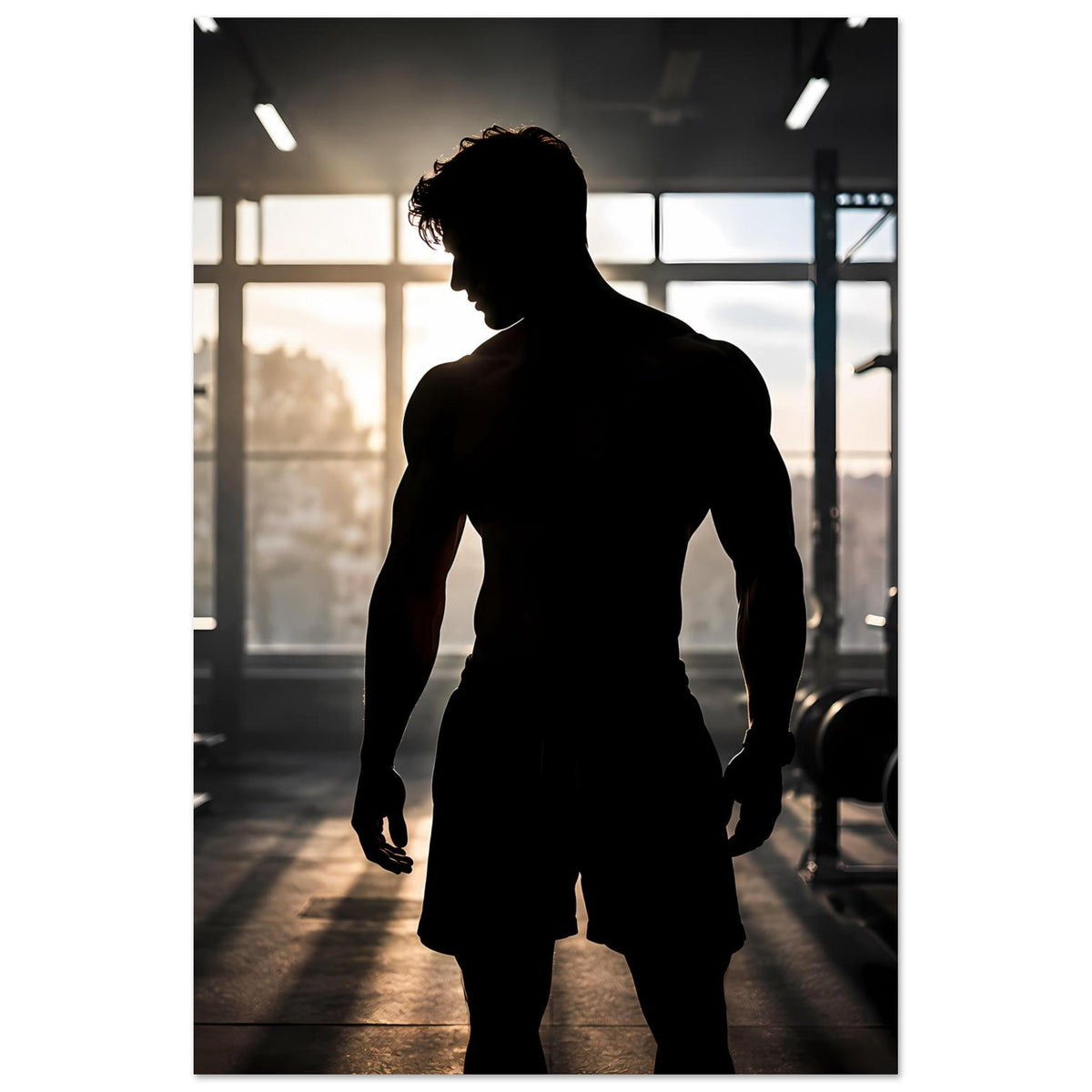 Vertikales Fitness-Poster: schwarze Silhouette eines Mannes vor hellen Fenstern