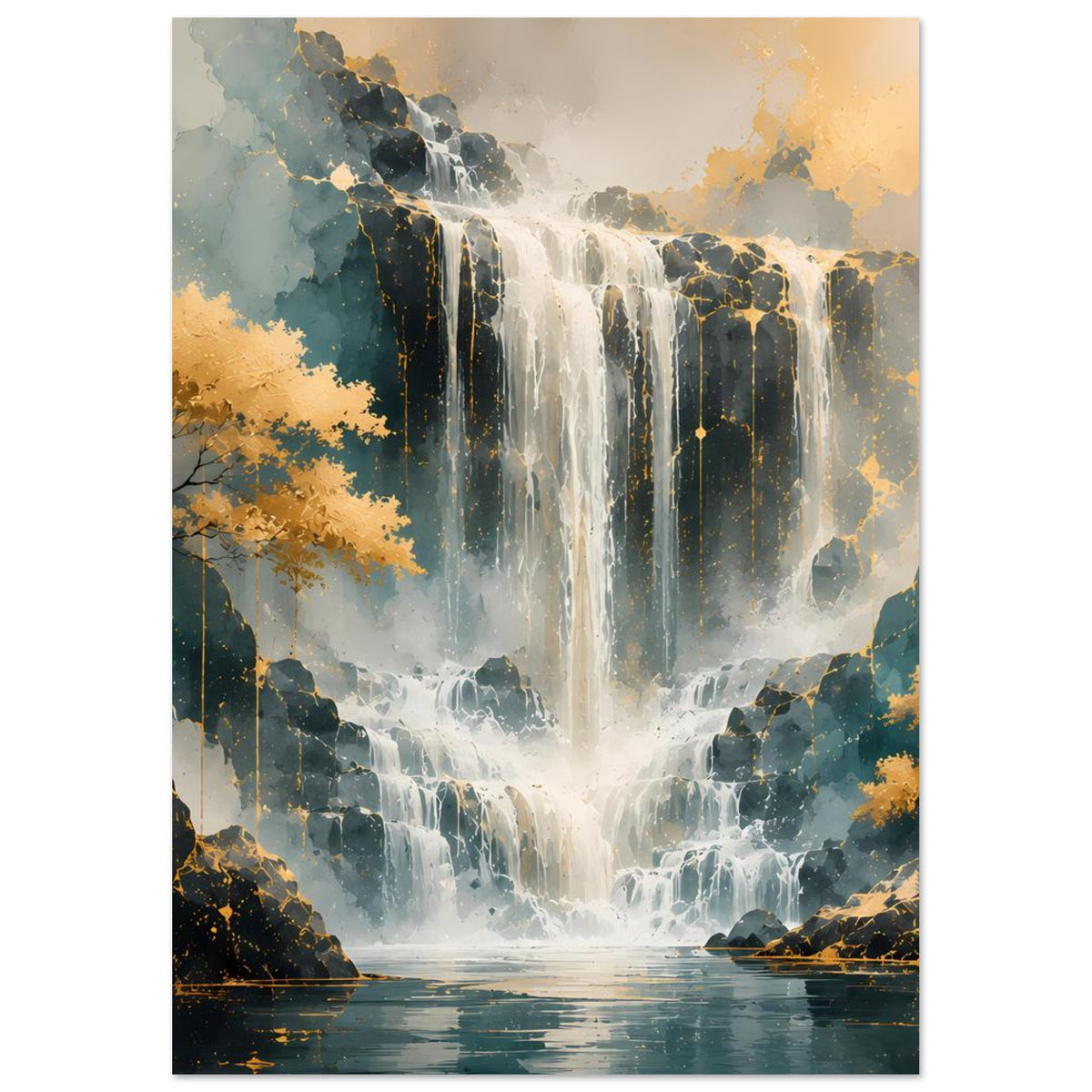 Kunstdruck-Poster mit Wasserfall, goldene Spritzer, ruhiger See unten, Felsformation rechts