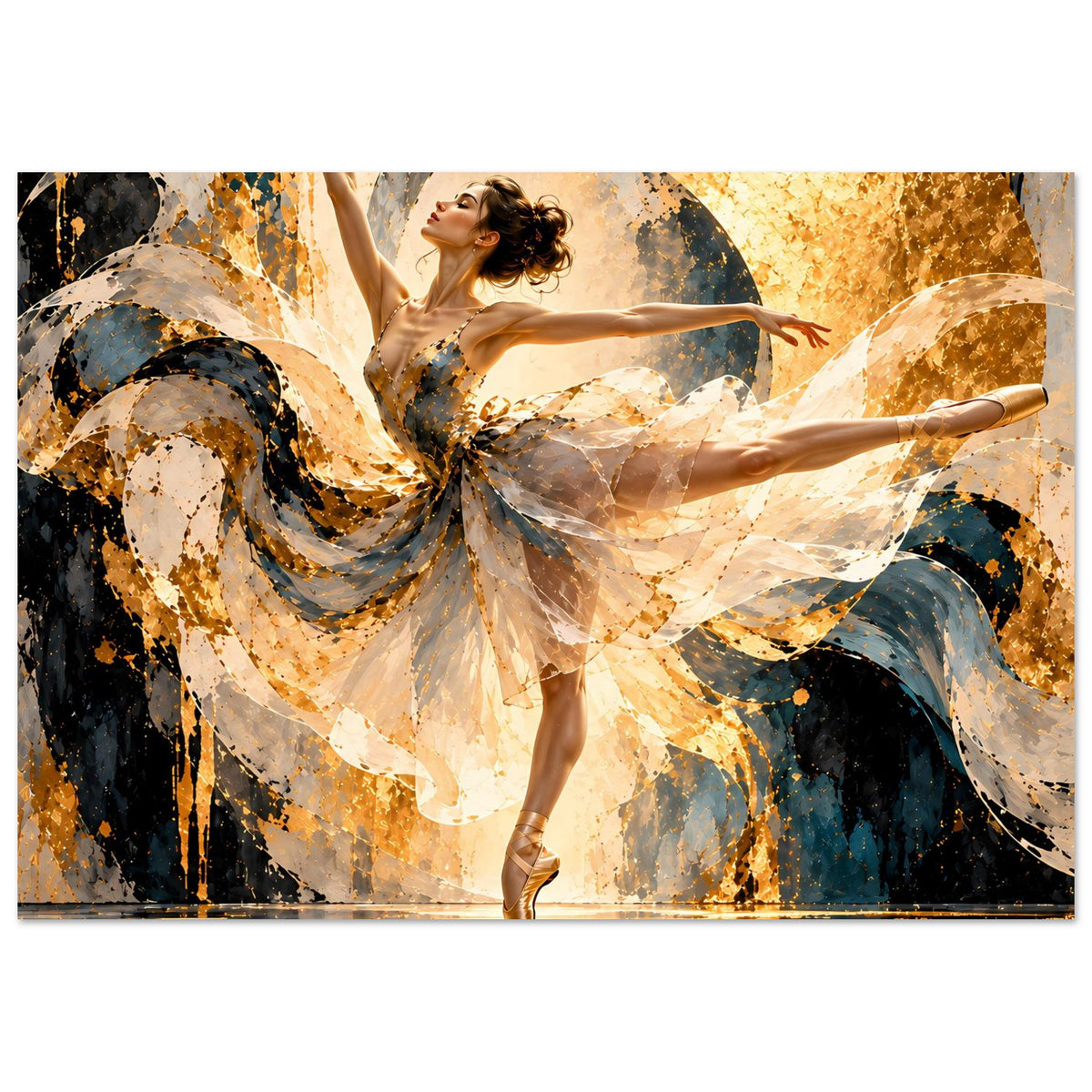 Ballettkunst-Poster: tanzende Balletttänzerin mit erhobenem Arm, beiges und blau gesprenkeltes Kostüm