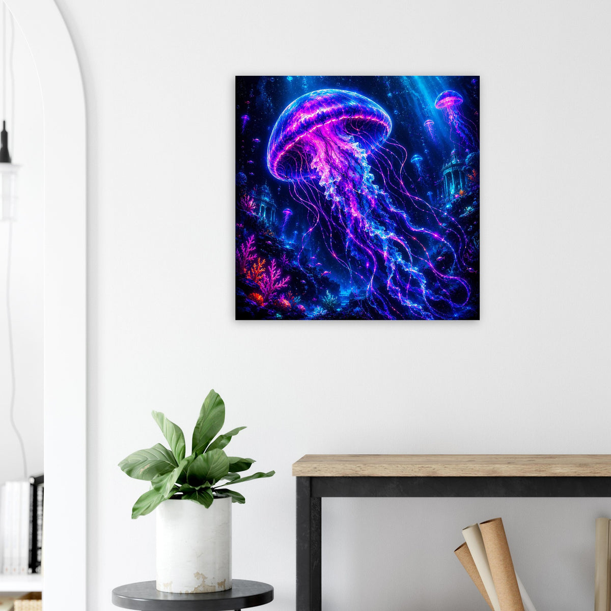 Poster an weißer Wand: leuchtende Qualle mit Neonfarben in Blau, Violett und Pink