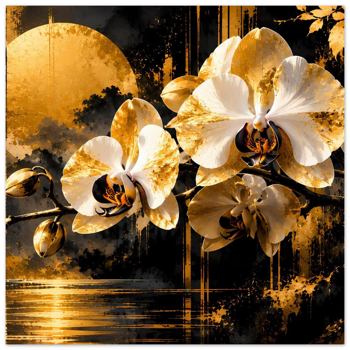 Blumenposter mit naher Ansicht: goldene und weiße Orchideenblüten mit dunklem Kern