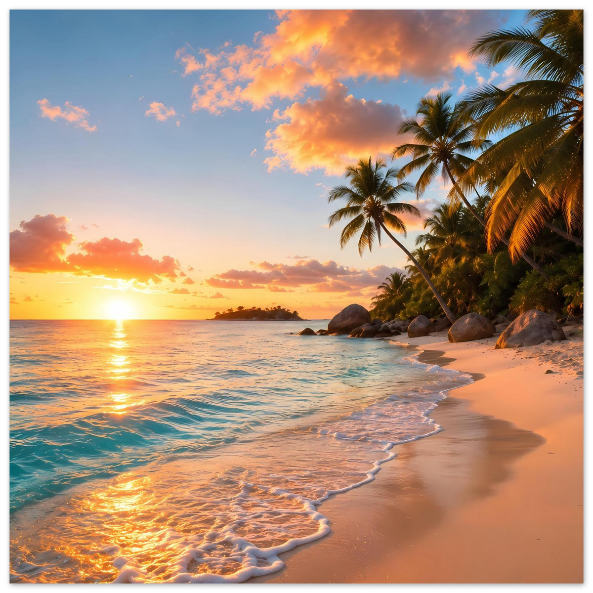 Poster: tropischer Strand mit Palmen rechts, Wellen im Vordergrund und Sonnenaufgang (quer)