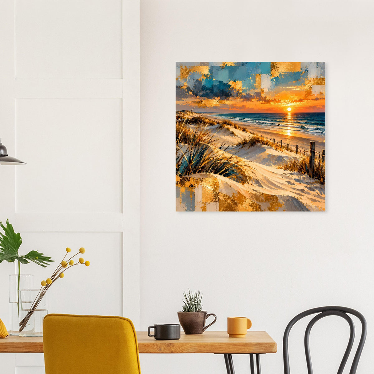 Quadratisches Poster mit Dünenküste, Sonnenuntergang und reflektierendem Meer
