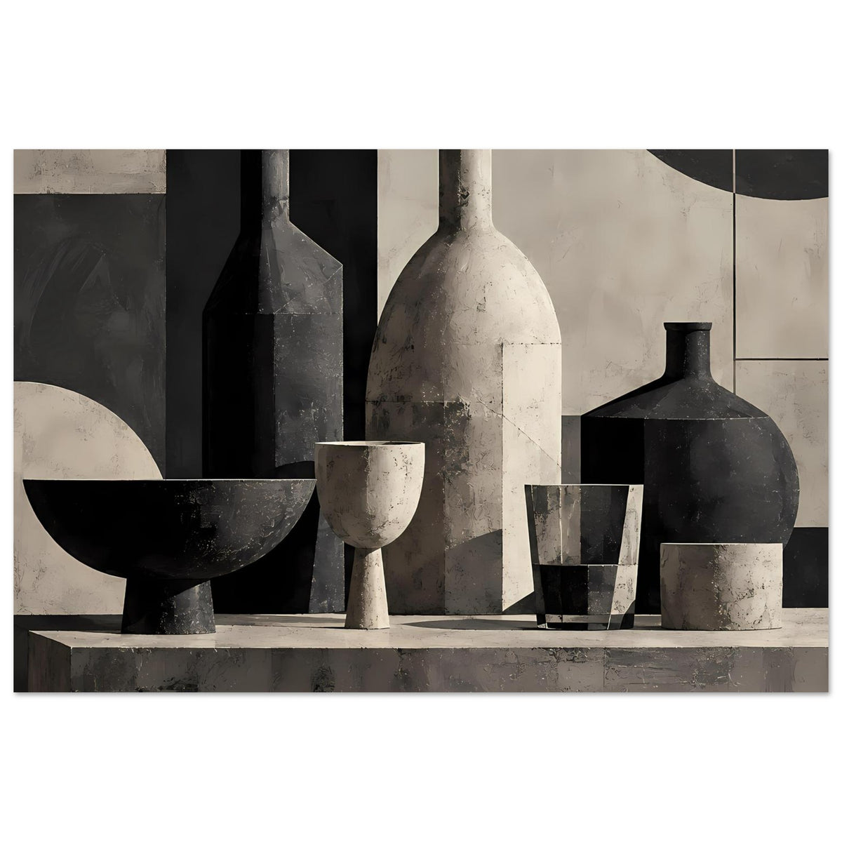 Stillleben-Poster in Monochrom: Vasen, Flasche und Gläser auf einer horizontalen Ablage