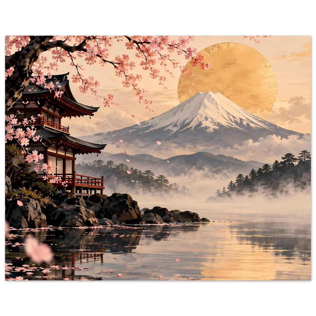 Poster mit Fuji-Berg, goldenem Sonnenkreis und Pagode links am ruhigen Wasser