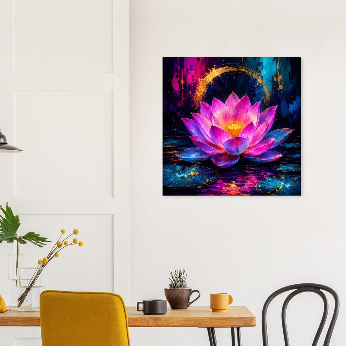 Blumenposter mit Lotusblüte in Violett und Rosa, goldene Aura über dem Wassermotiv