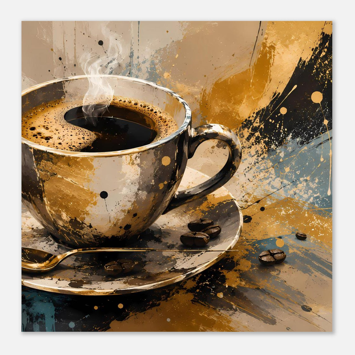 Kunstposter: abstrakte Kaffeetasse mit dampfendem Kaffee, goldene Sprenkel und blaue Akzente