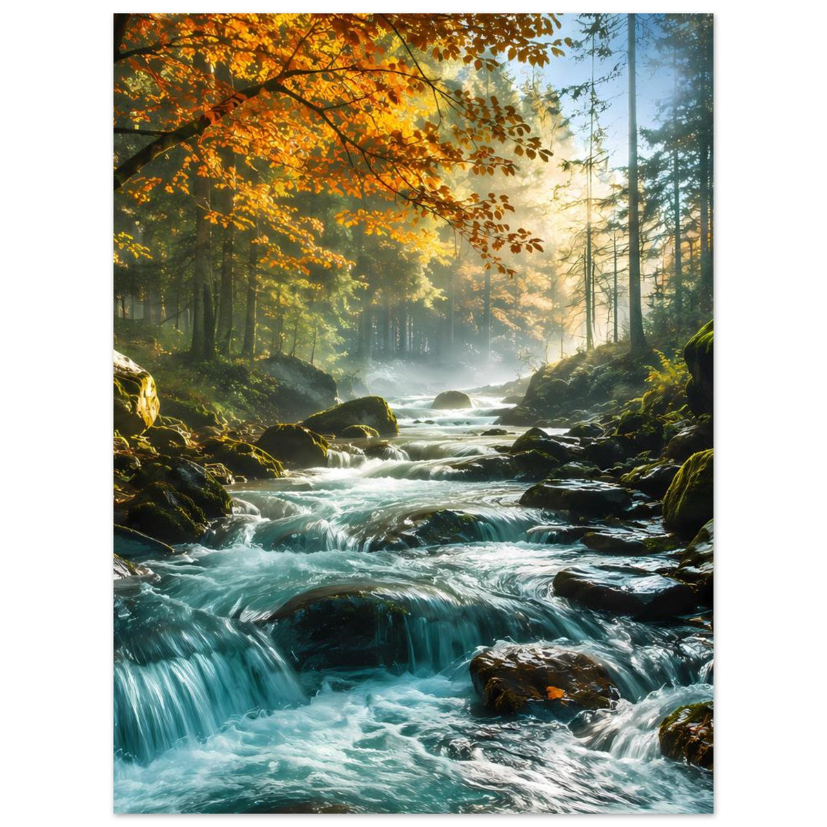 Vertikales Poster mit Wasserfall im Wald, türkisfarbenes Wasser und herbstlichen Baumkronen