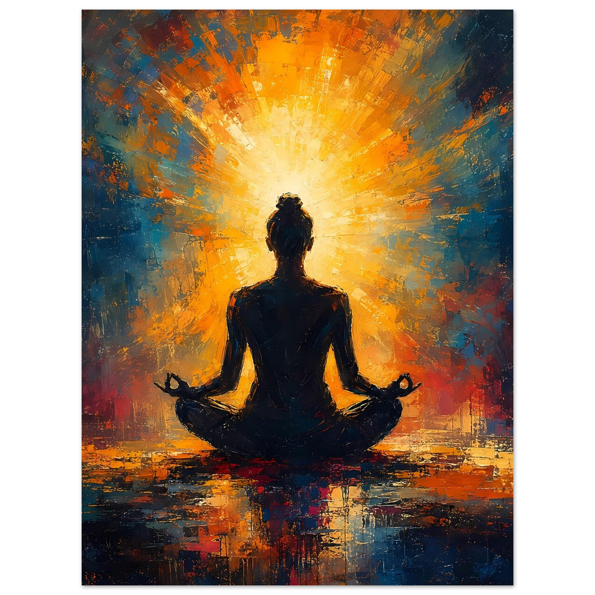 Poster im Hochformat, zentrale Meditationsfigur in Ruhestellung, blau-gelber Farbverlauf, Strahlenlicht
