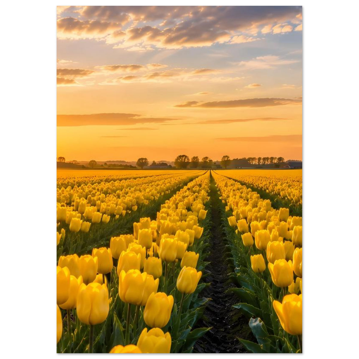 Poster mit gelben Tulpenfeldern, mittigem Weg und weitem Horizont im Abendsonnenlicht