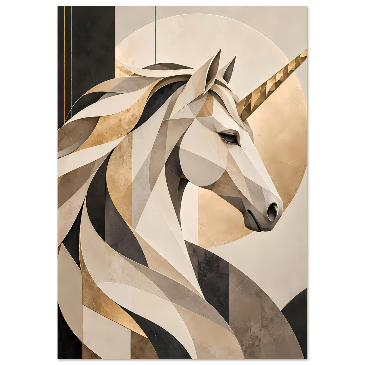 Einhornporträt-Poster mit Einhornkopf und langem Horn, geometrisch in Beige, Schwarz und Gold