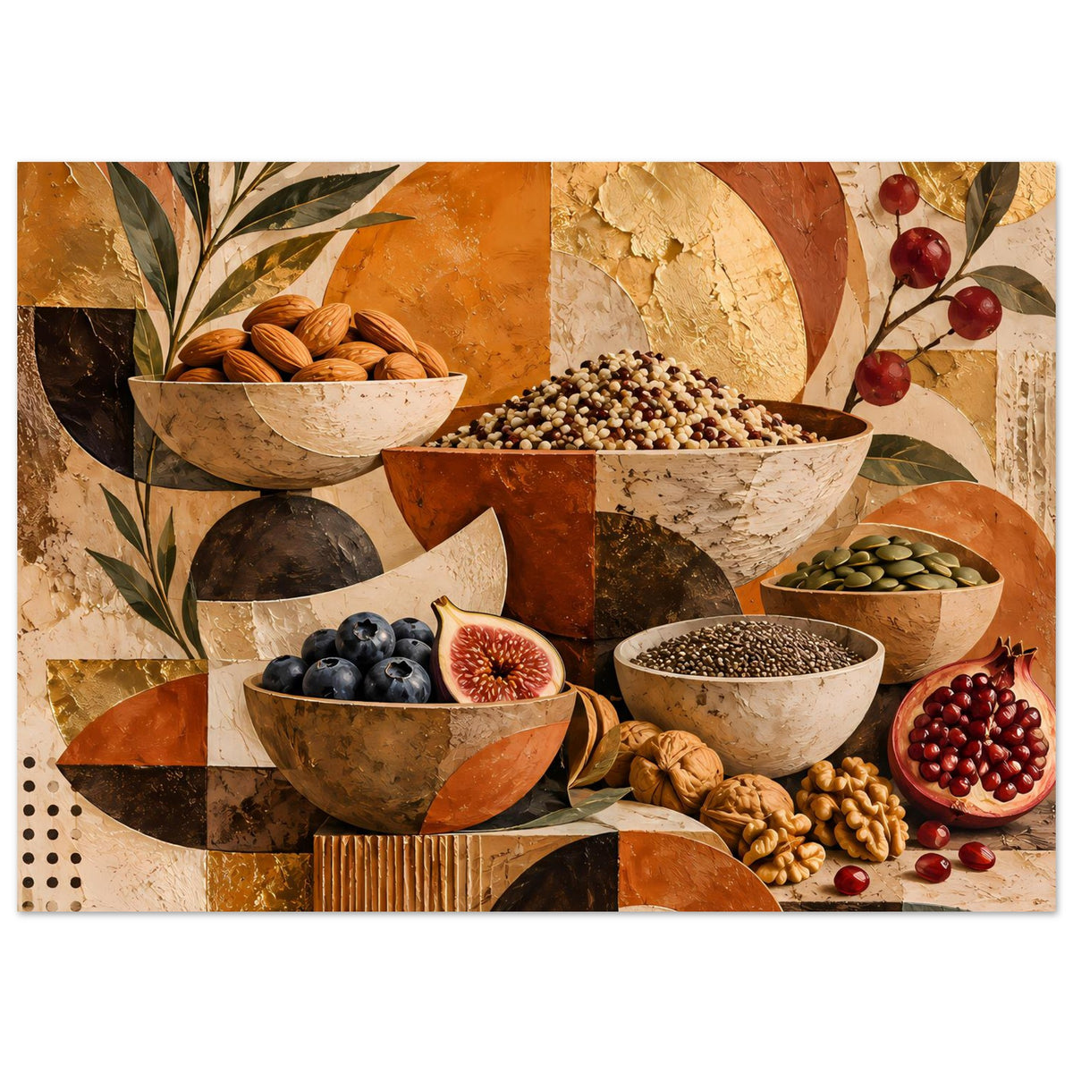 Horizontales Wandposter mit Schalen und Gewürzbeeren, warmes geometrisches Patchwork in Erdtönen.