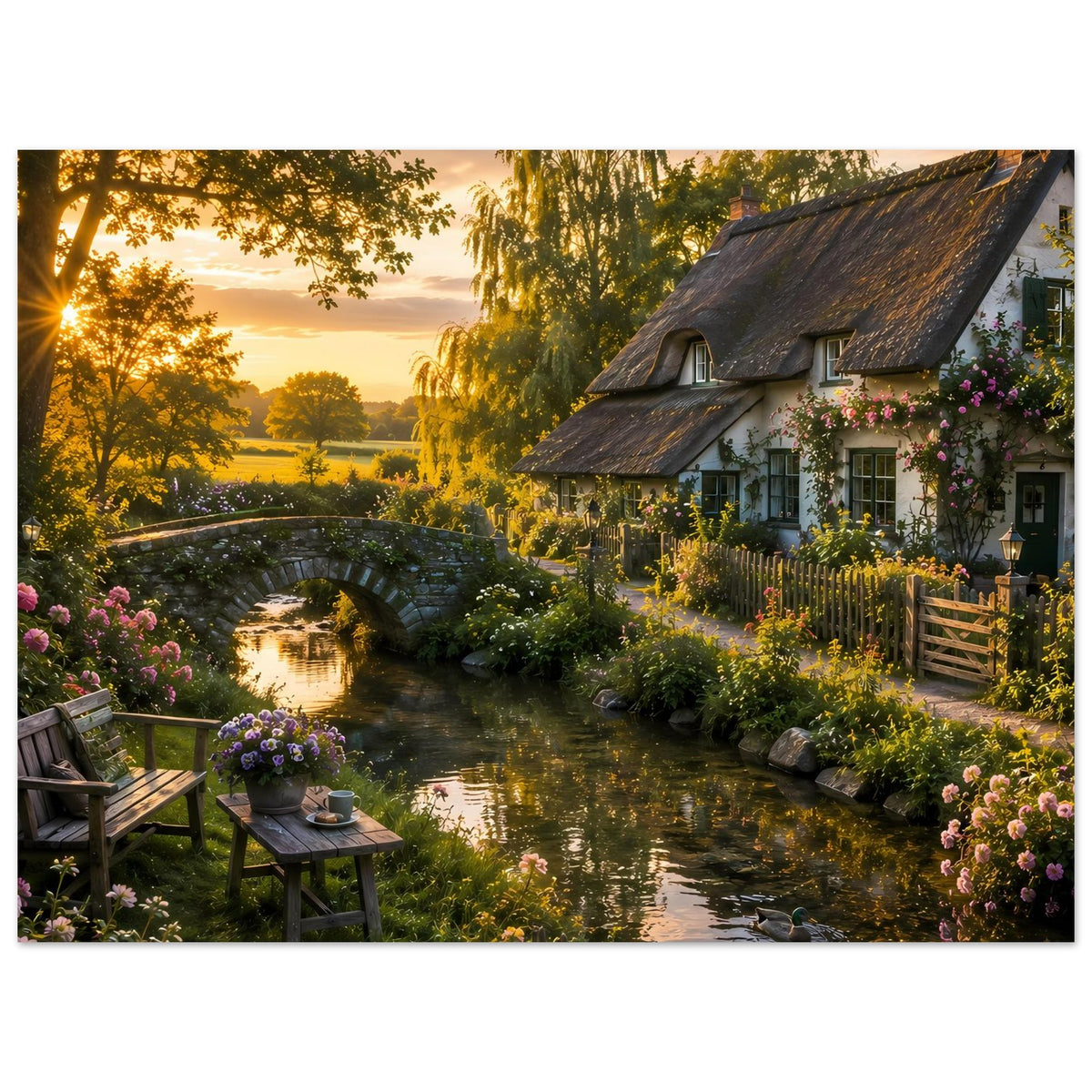 Landhaus-Poster Querformat: Reetdach-Landhaus, Fluss und Steinbogenbrücke im Abendlicht