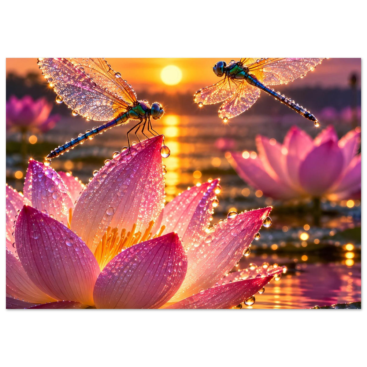 Poster mit Libellen und rosa Lotusblüten im warmen Sonnenuntergang