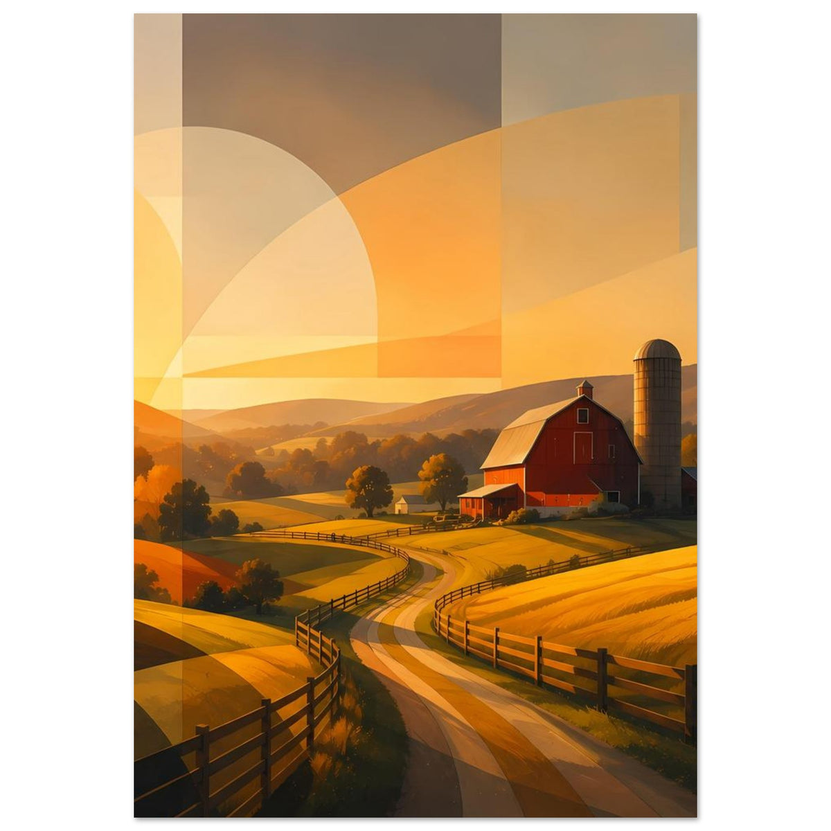 Abstraktes Wandbild im Hochformat: rote Scheune, Siloturm und gewundener Weg durch goldene Felder.
